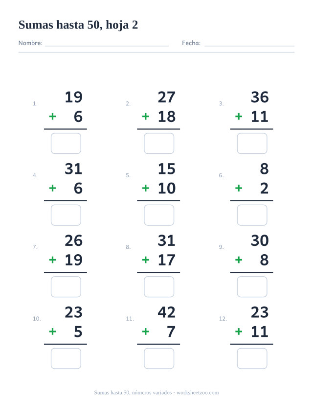 Ficha de sumas en vertical con 12 operaciones hasta 50 con parejas de números variadas, con casillas de respuesta