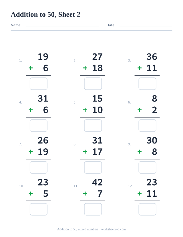 Vertical addition worksheet with 12 problems within 50 mixing every kind of number pair, with answer boxes