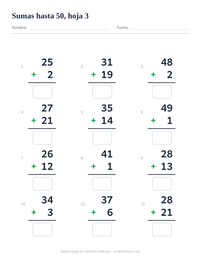 Ficha de sumas en vertical con 12 operaciones hasta 50 en las que aparece un número más grande, con casillas de respuesta