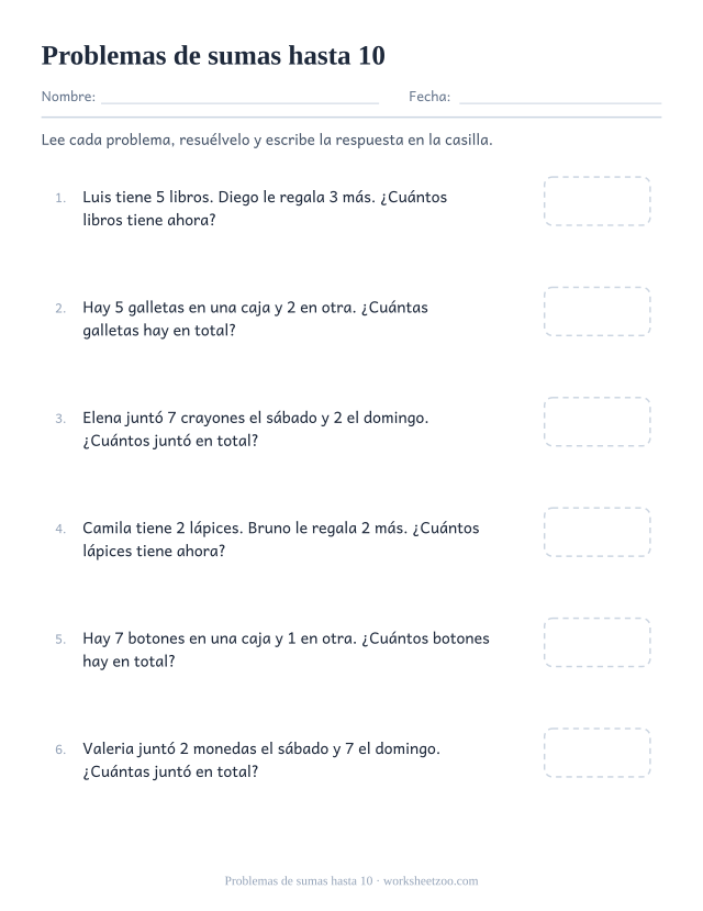 Ficha de problemas de sumas hasta 10, seis historias cortas con una casilla de respuesta