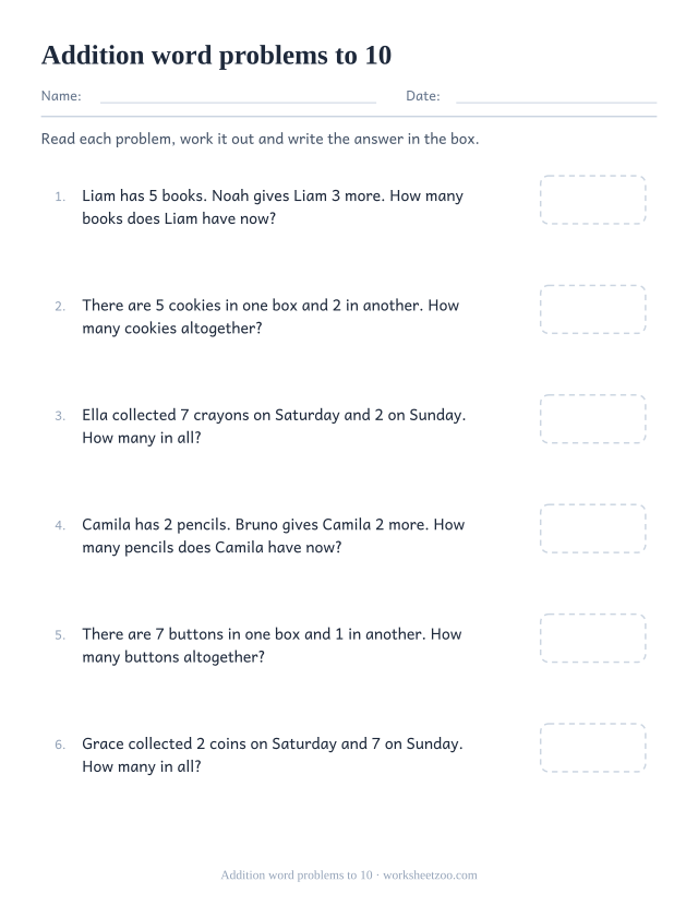 Addition word problems worksheet with sums to 10, six short stories with an answer box each
