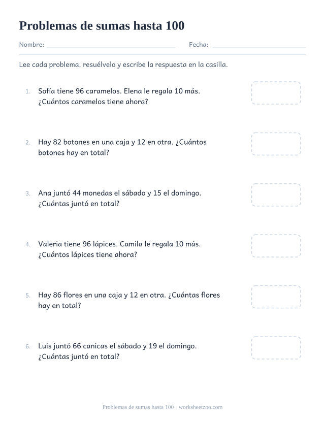 Ficha de problemas de sumas hasta 100, enunciados largos para segundo de primaria