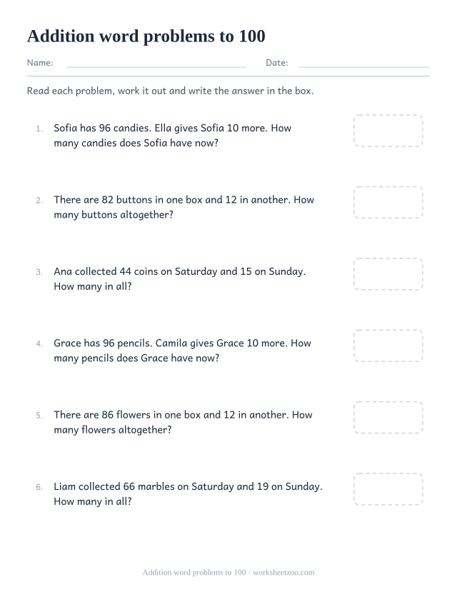 Addition word problems worksheet with sums to 100, wordy problems for second grade