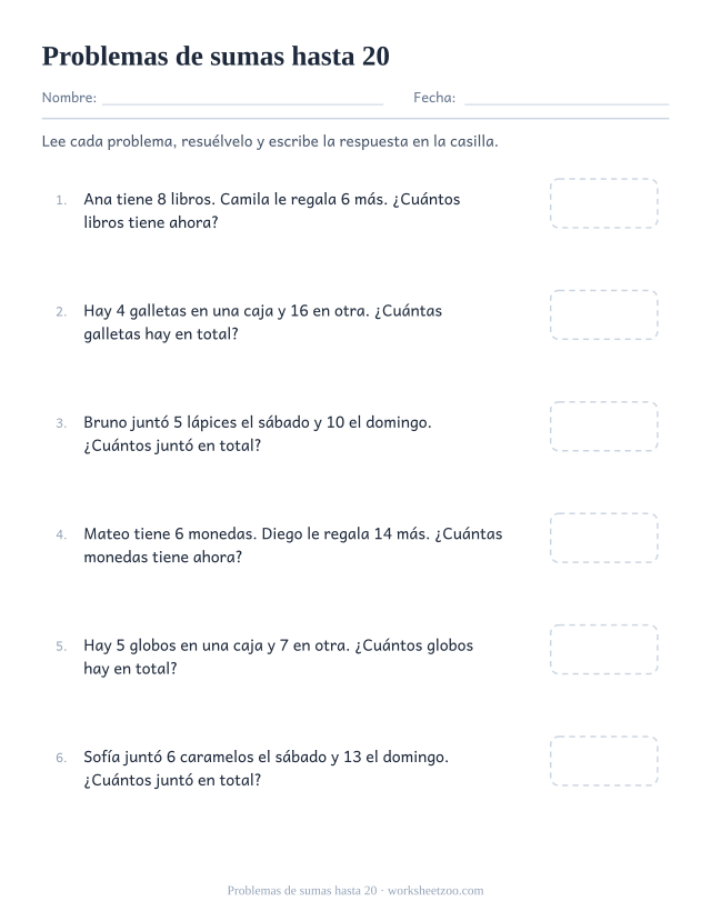 Ficha de problemas de sumas hasta 20 con situaciones de objetos cotidianos