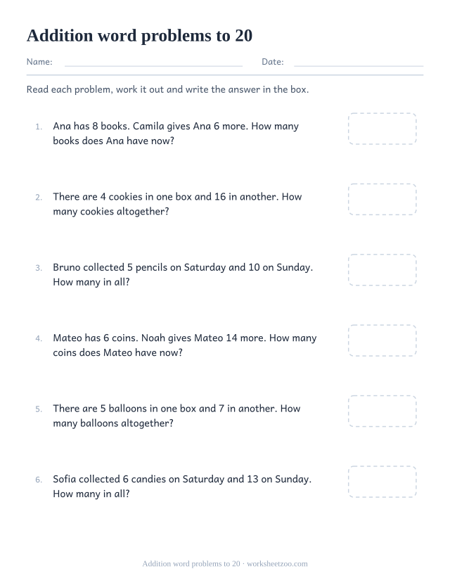 Addition word problems worksheet with sums to 20, story problems about everyday objects