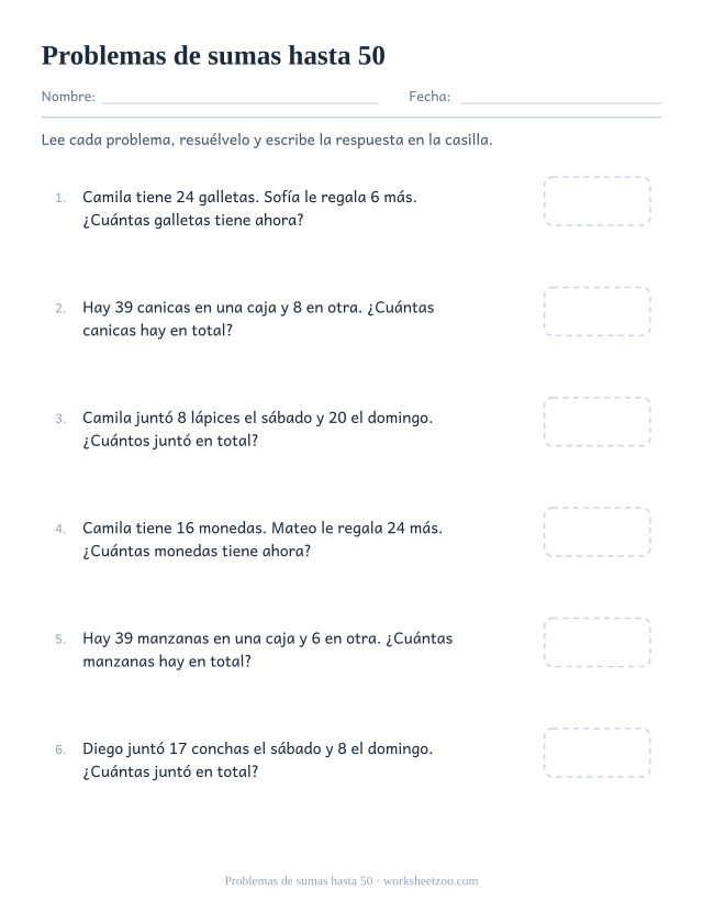 Ficha de problemas de sumas de dos cifras hasta 50 con casilla para cada respuesta