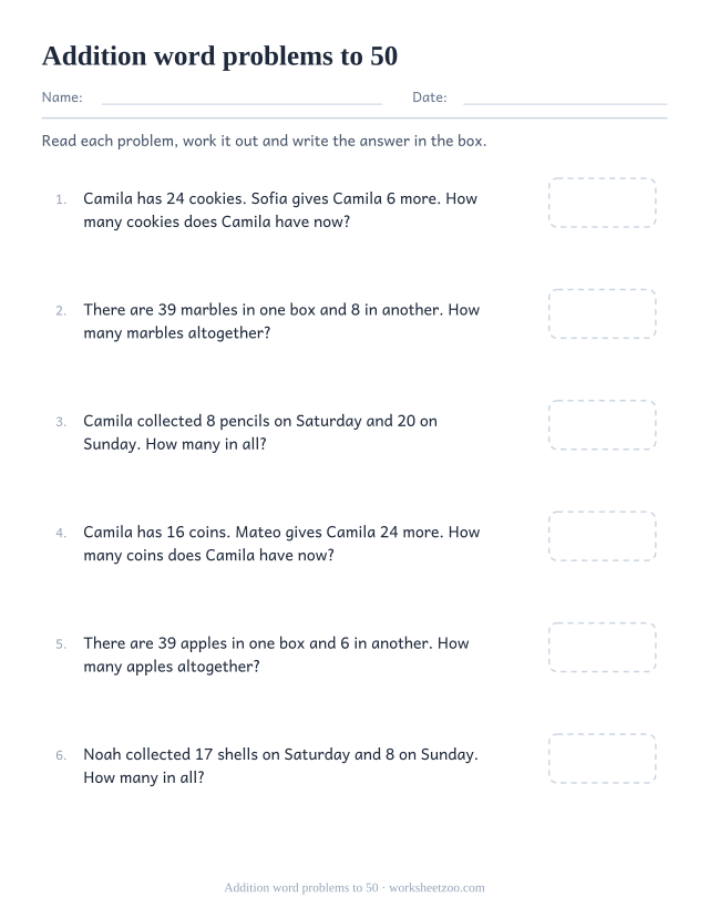 Addition word problems worksheet with two-digit sums up to 50 and a box for each answer