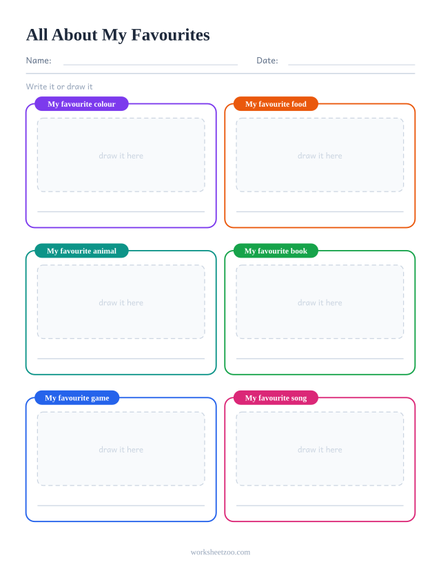 All About My Favourites: free printable all about me worksheet PDF for kids