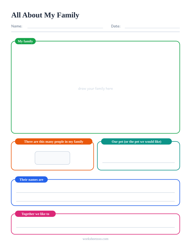 All About My Family: free printable all about me worksheet PDF for kids