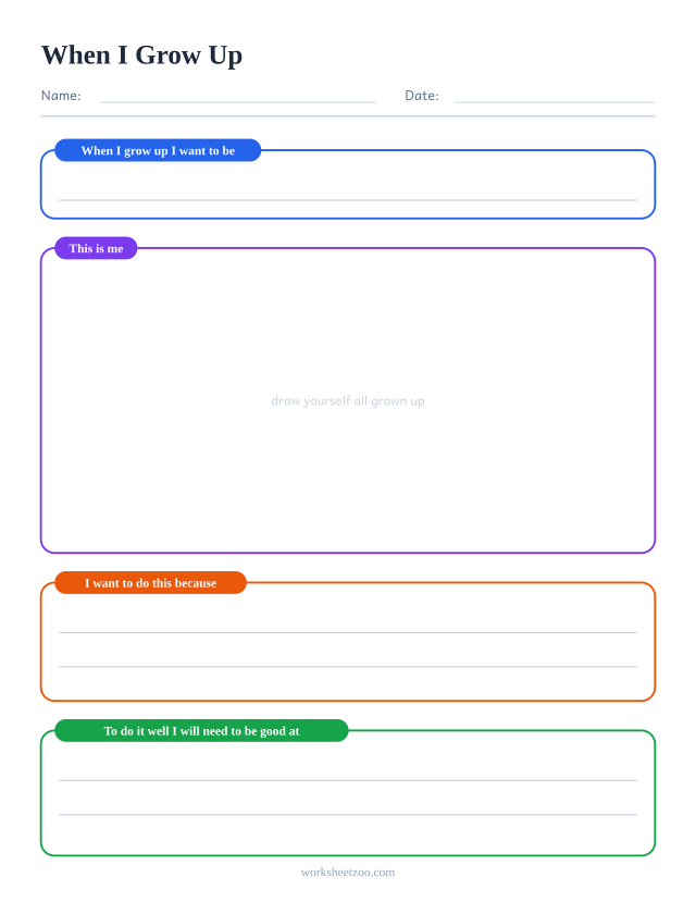When I Grow Up: free printable all about me worksheet PDF for kids