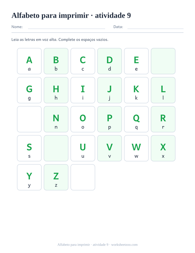 Prévia de Alfabeto para imprimir, atividade 9 para imprimir