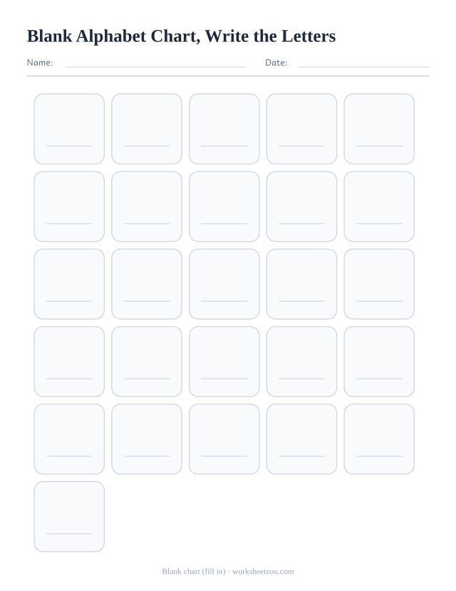 Blank alphabet chart with 26 empty boxes and a writing line in each, for filling in the letters from memory