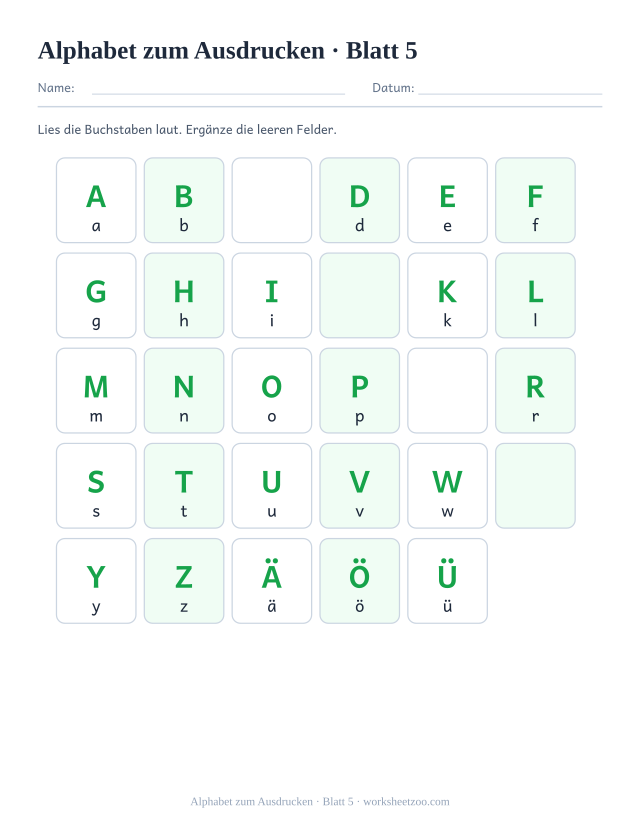 Vorschau: Alphabet zum Ausdrucken, druckbares Arbeitsblatt 5