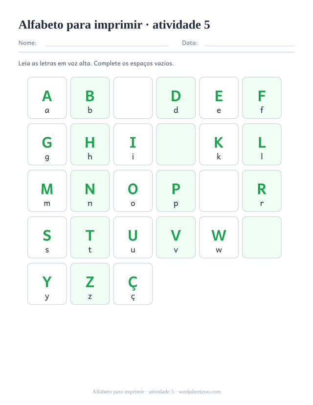 Prévia de Alfabeto para imprimir, atividade 5 para imprimir