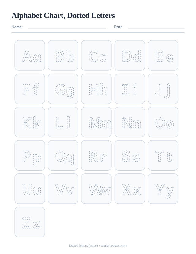 Alphabet chart with every uppercase and lowercase letter pair in dotted outline to trace