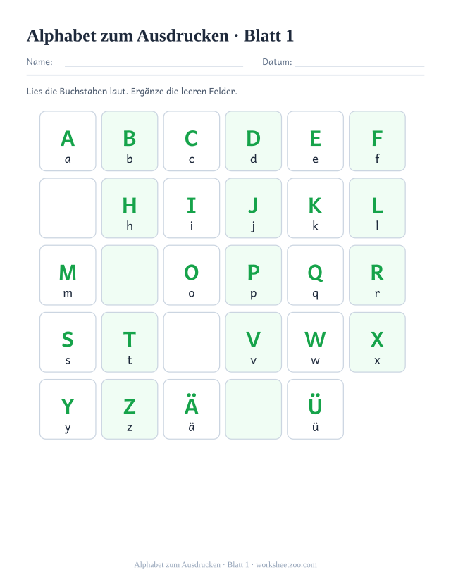 Vorschau: Alphabet zum Ausdrucken, druckbares Arbeitsblatt 1