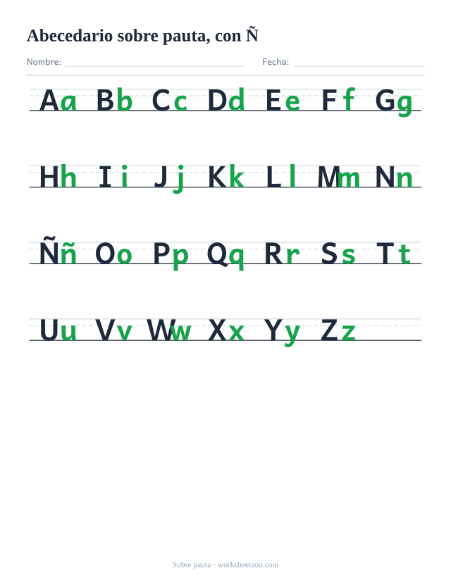 Abecedario escrito sobre pauta de tres líneas para ver la altura de cada letra y la línea base, con Ñ
