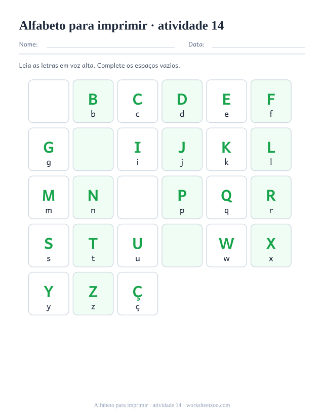 Prévia de Alfabeto para imprimir, atividade 14 para imprimir
