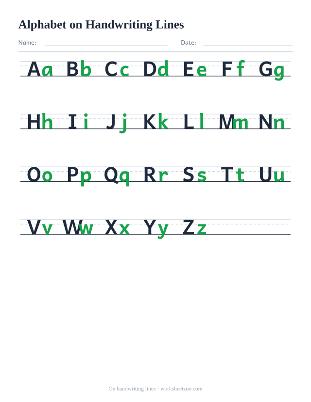 Alphabet chart written on three-line handwriting guides so letter height and baseline are visible