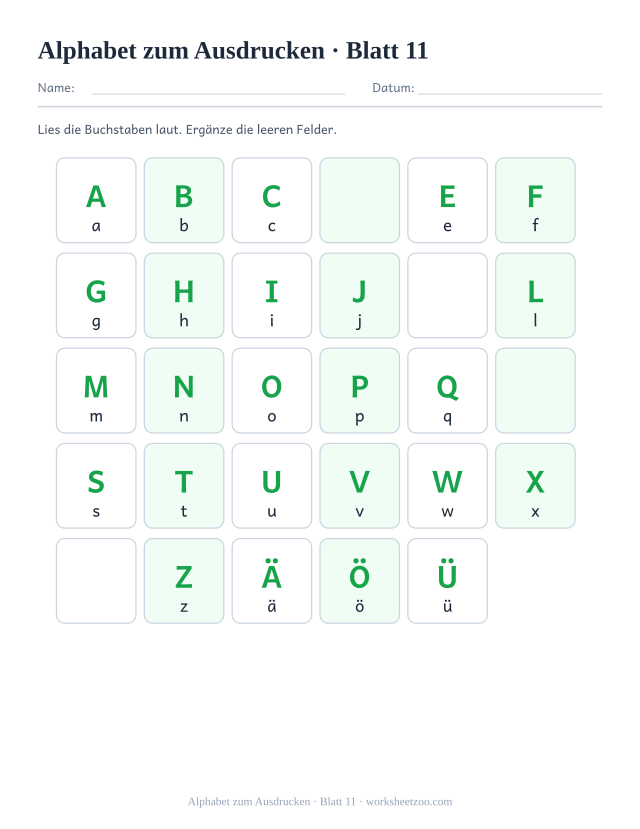Vorschau: Alphabet zum Ausdrucken, druckbares Arbeitsblatt 11