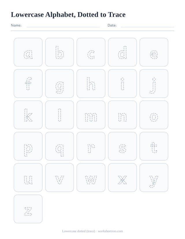 Lowercase alphabet chart with every small letter in dotted outline to trace, one large letter per box