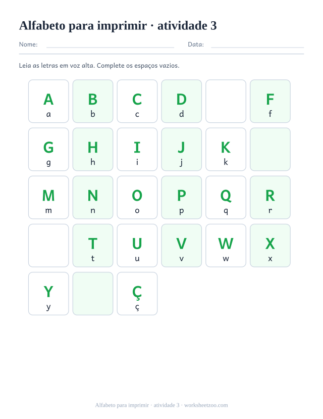 Prévia de Alfabeto para imprimir, atividade 3 para imprimir