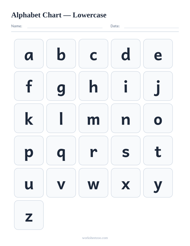 Lowercase alphabet chart from a to z in large print letters