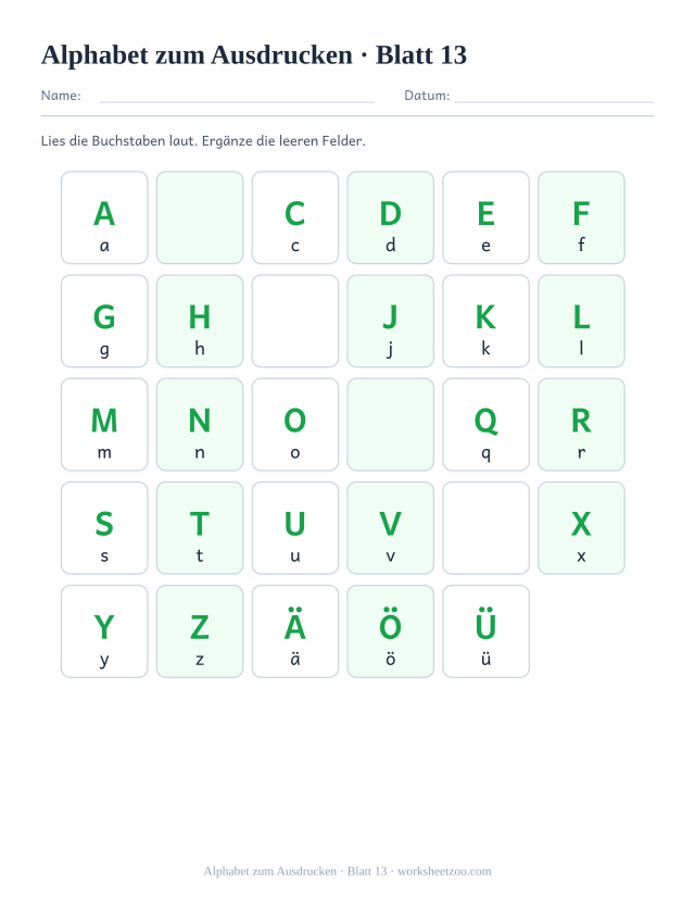 Vorschau: Alphabet zum Ausdrucken, druckbares Arbeitsblatt 13