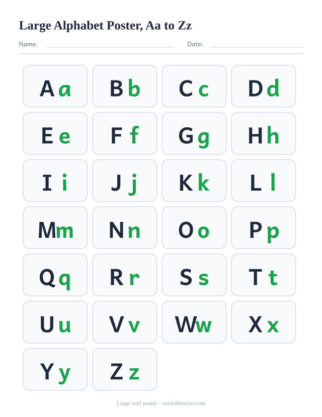 Large-format alphabet poster with four letter pairs per row, sized to read from across a classroom