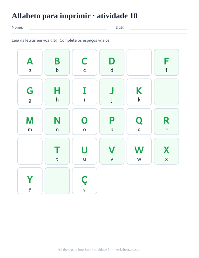 Prévia de Alfabeto para imprimir, atividade 10 para imprimir