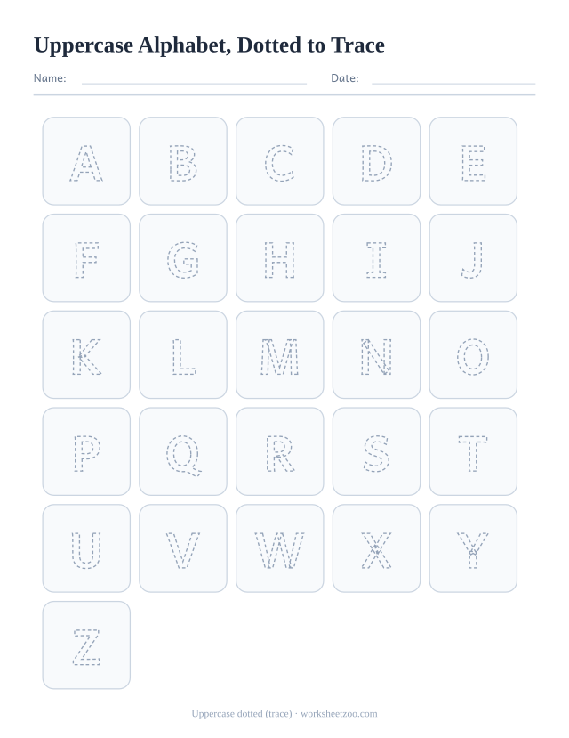 Uppercase alphabet chart with every capital letter in dotted outline to trace, one large letter per box