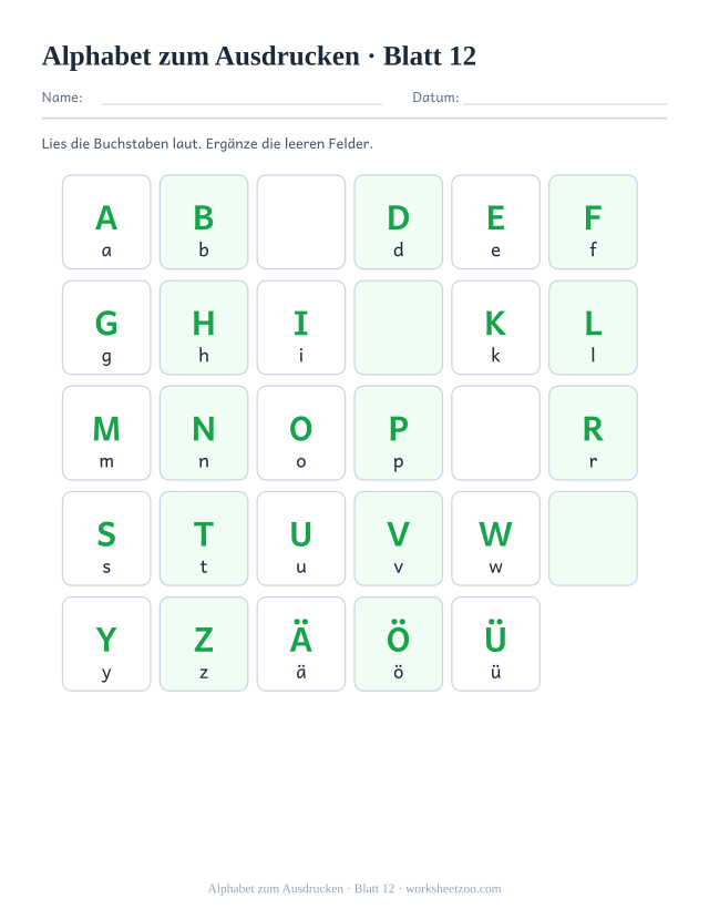 Vorschau: Alphabet zum Ausdrucken, druckbares Arbeitsblatt 12