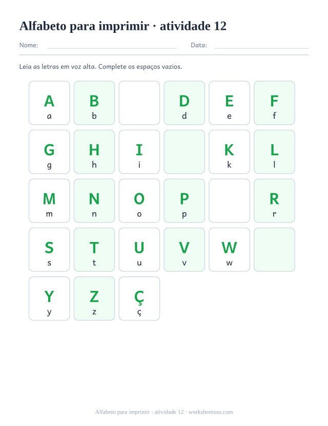 Prévia de Alfabeto para imprimir, atividade 12 para imprimir
