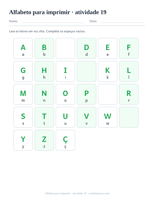 Prévia de Alfabeto para imprimir, atividade 19 para imprimir