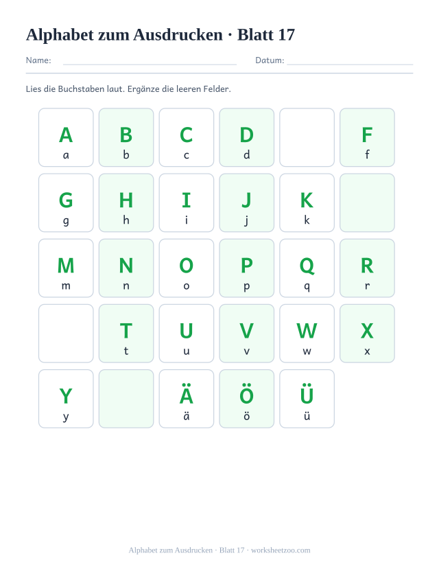 Vorschau: Alphabet zum Ausdrucken, druckbares Arbeitsblatt 17