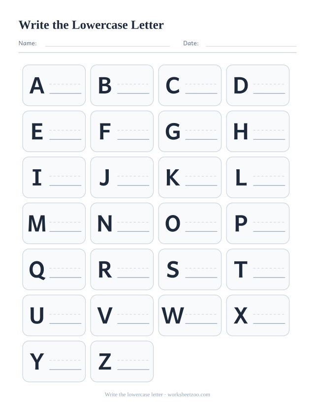 Alphabet chart with each capital letter printed and a ruled space beside it to write the lowercase partner