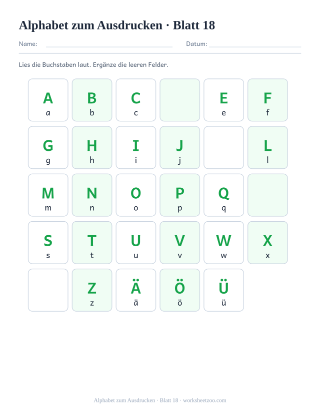 Vorschau: Alphabet zum Ausdrucken, druckbares Arbeitsblatt 18