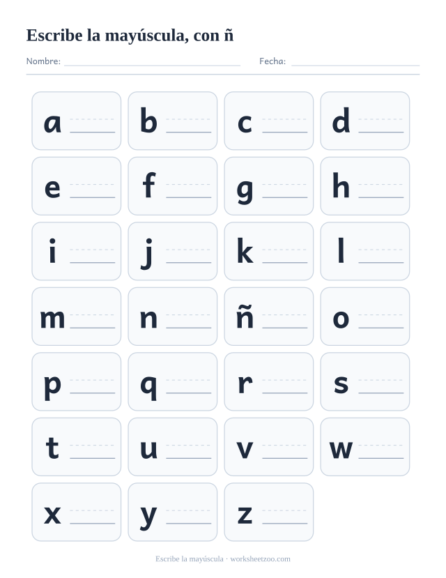Abecedario con cada minúscula impresa y un espacio pautado al lado para escribir la mayúscula, con ñ