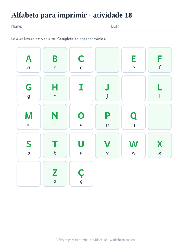 Prévia de Alfabeto para imprimir, atividade 18 para imprimir