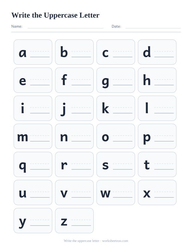 Alphabet chart with each lowercase letter printed and a ruled space beside it to write the capital