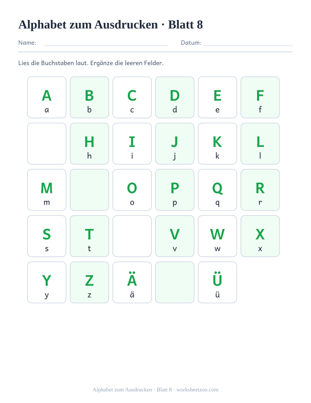 Vorschau: Alphabet zum Ausdrucken, druckbares Arbeitsblatt 8