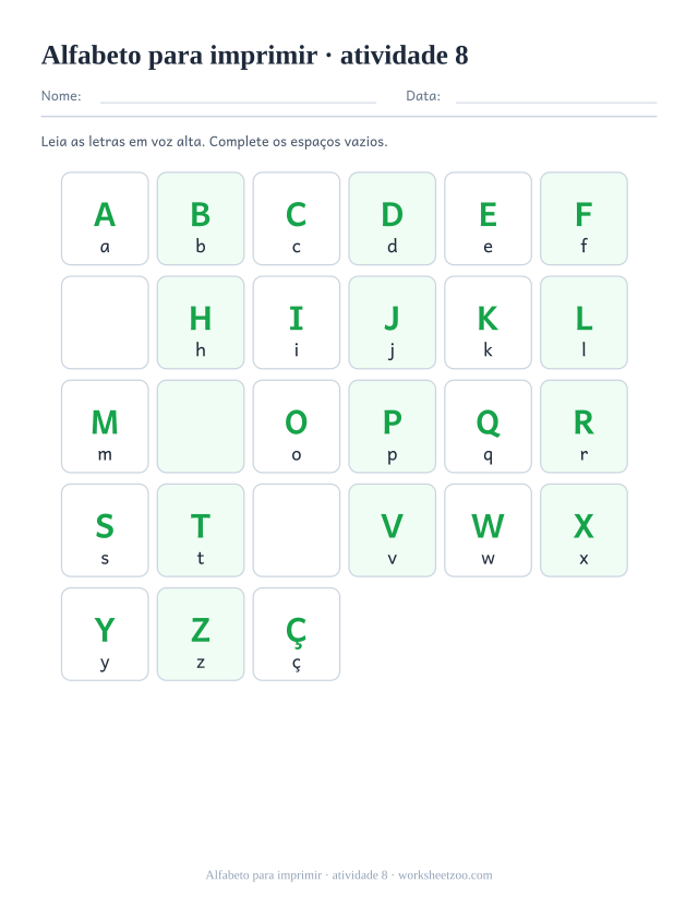 Prévia de Alfabeto para imprimir, atividade 8 para imprimir