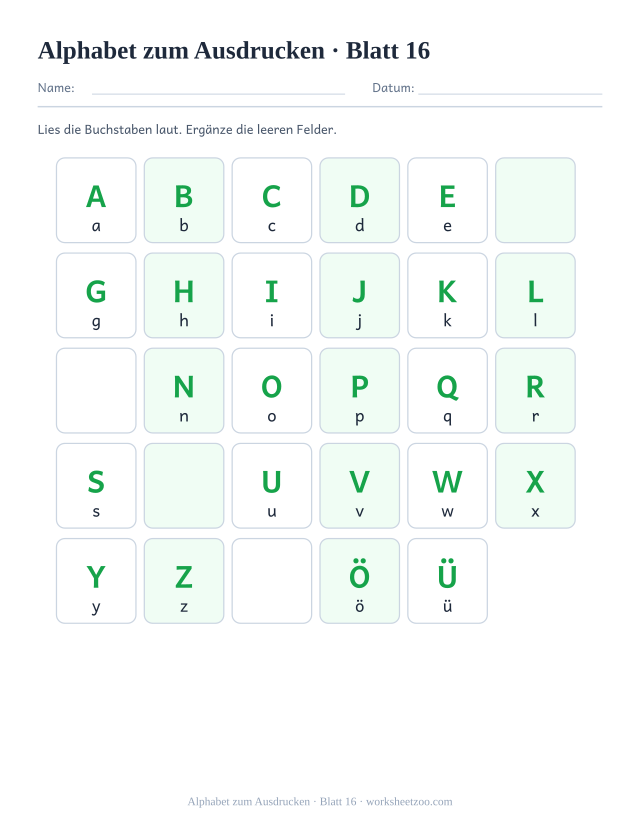 Vorschau: Alphabet zum Ausdrucken, druckbares Arbeitsblatt 16