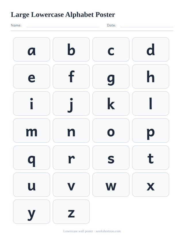 Large lowercase alphabet poster with four small letters per row, sized for a classroom wall