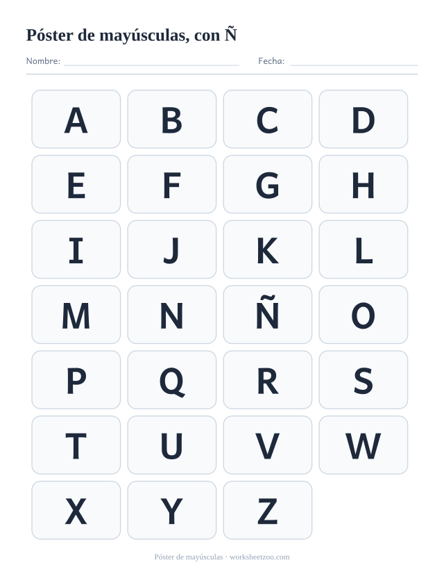 Póster grande del abecedario en mayúsculas con cuatro letras por fila, en tamaño para leerse desde el fondo del aula, con Ñ