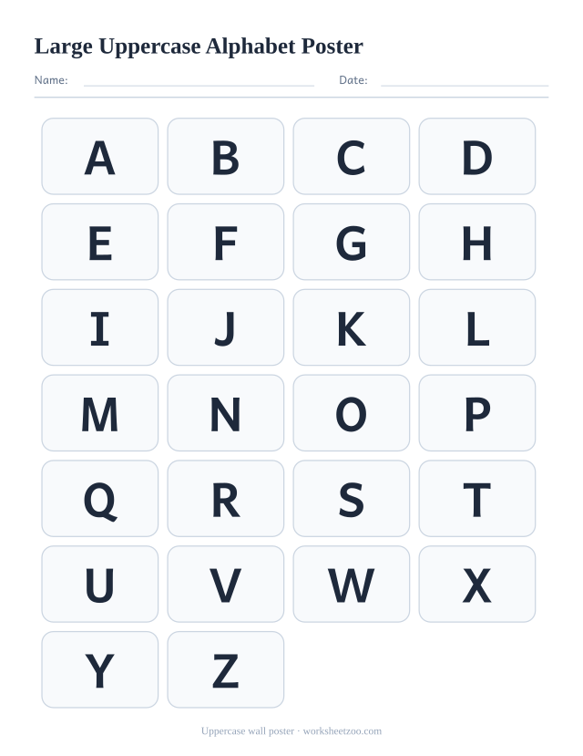 Large uppercase alphabet poster with four capital letters per row, sized to read from the back of a classroom