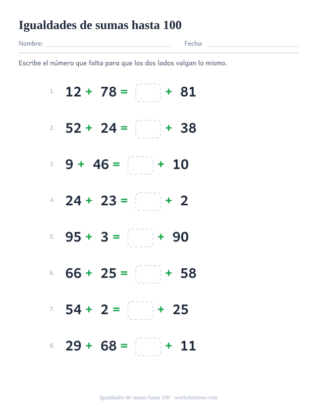 Ficha de igualdades de sumas con números de dos cifras hasta 100