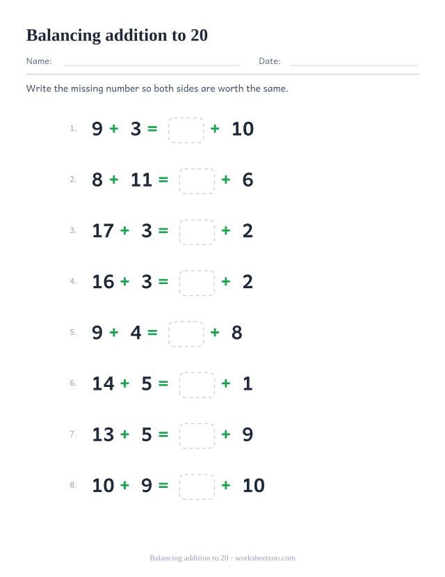 Balancing equations addition worksheet to 20 with an operation on both sides of the equals sign