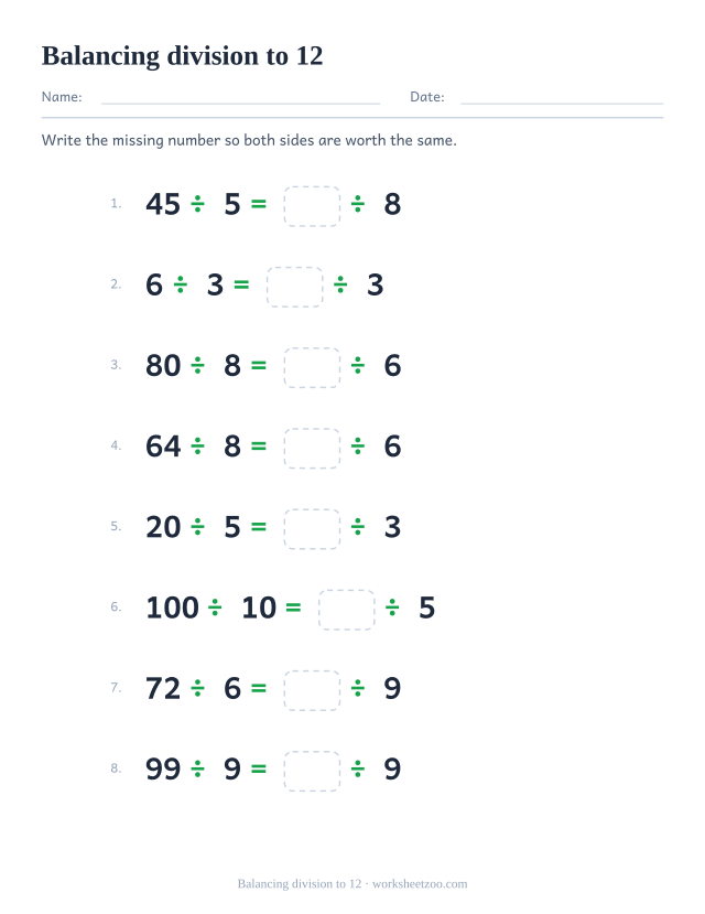 Balancing division worksheet using the full division facts up to 12