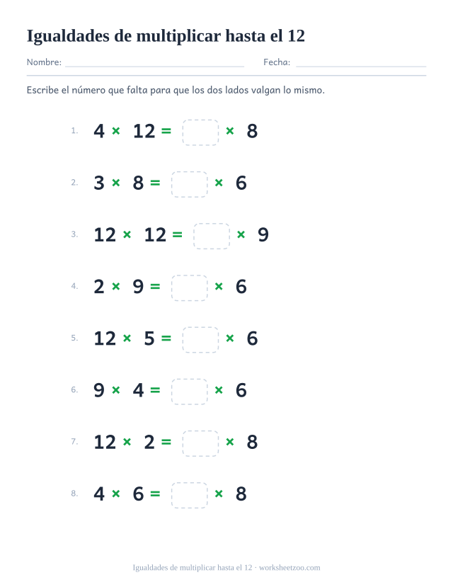 Ficha de igualdades de multiplicar con las tablas completas hasta el 12
